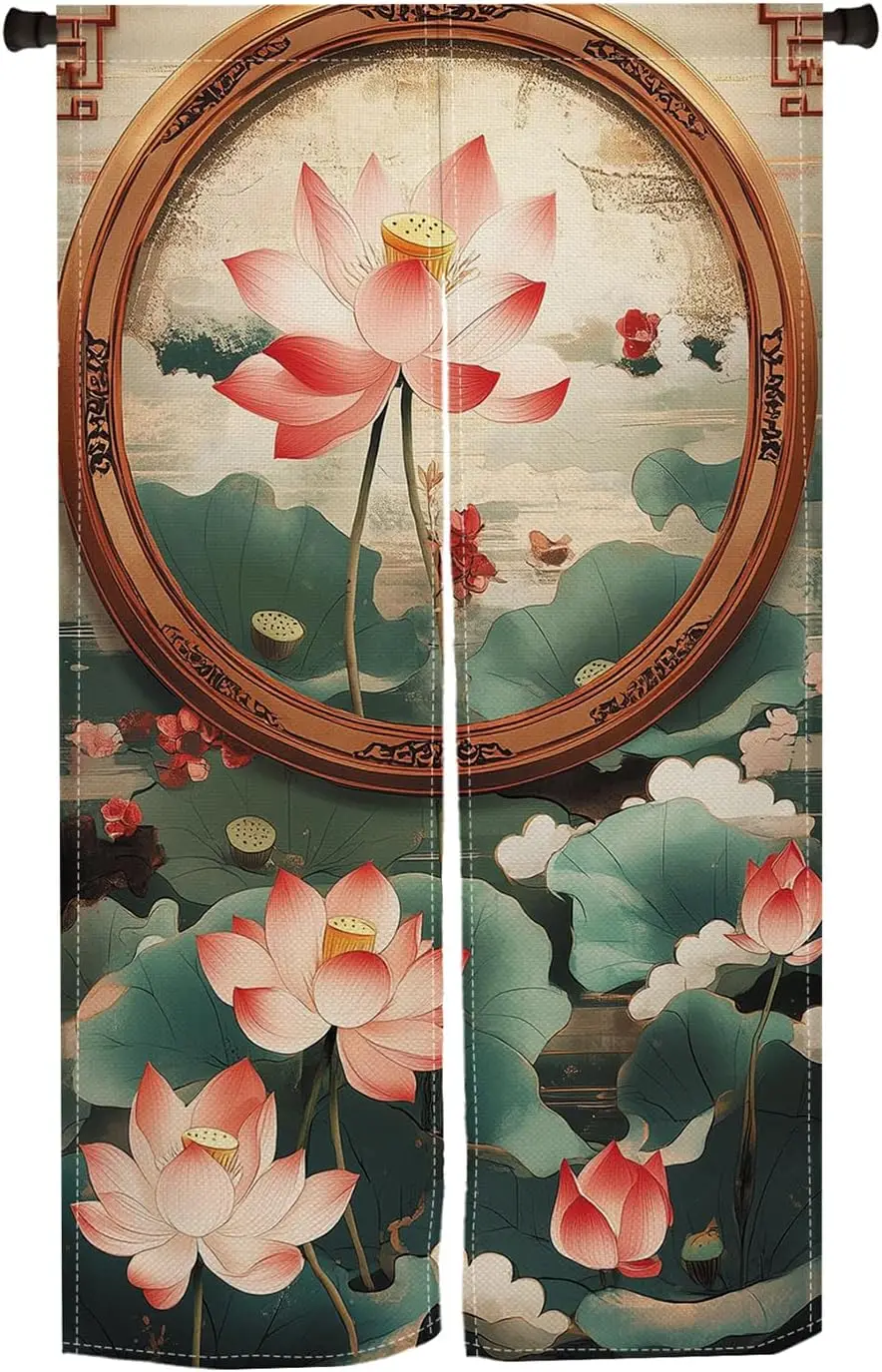 Tranquil Chinese Lotus Curtain, Vintage Background Circular Frame, Lotus & Cloud Print For Entryway & Study, Elegant Oriental