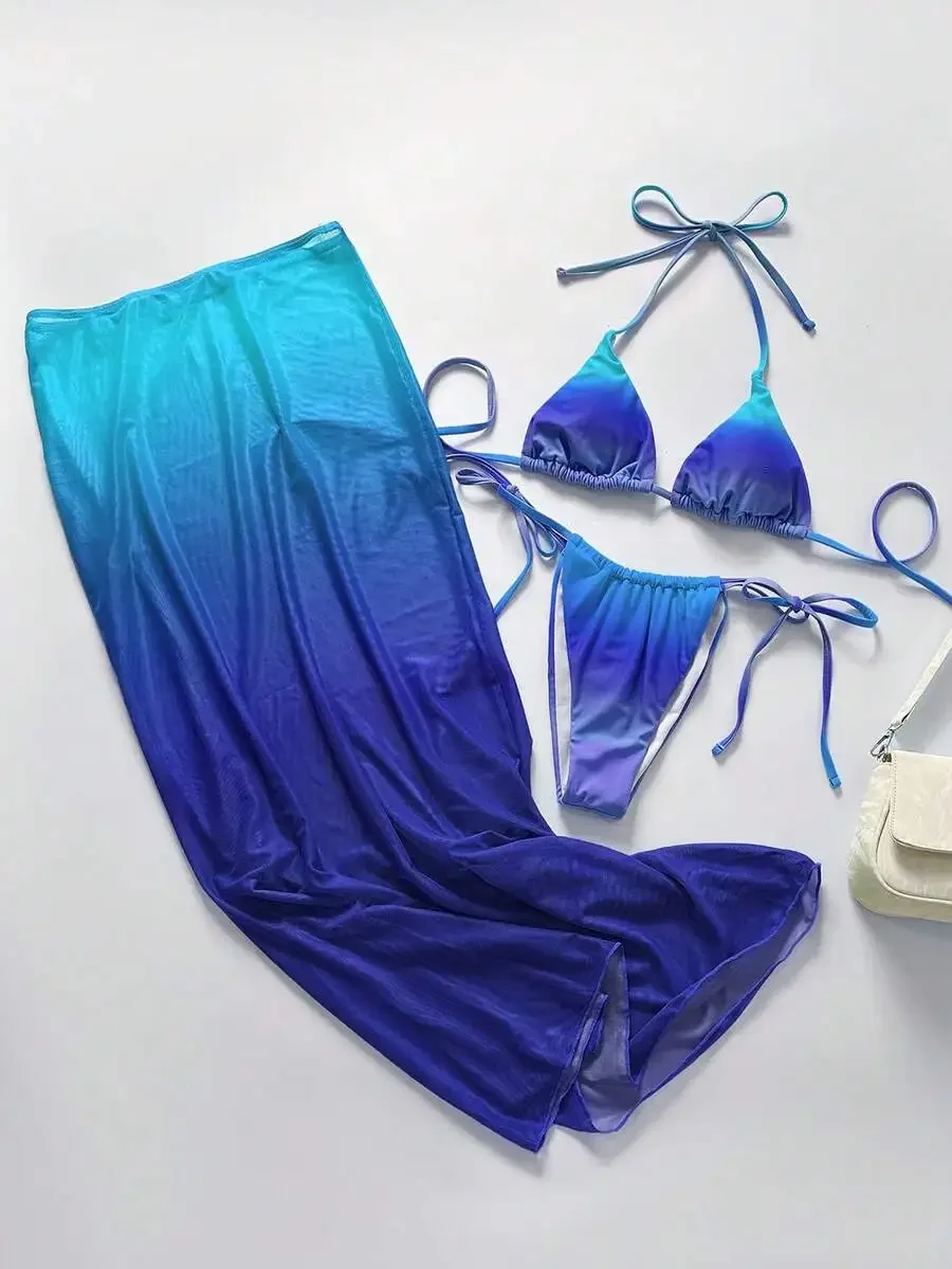 

3pcs Women Ombre Gradient Halter Bikini Set With Mesh Skirt For Beach Holiday