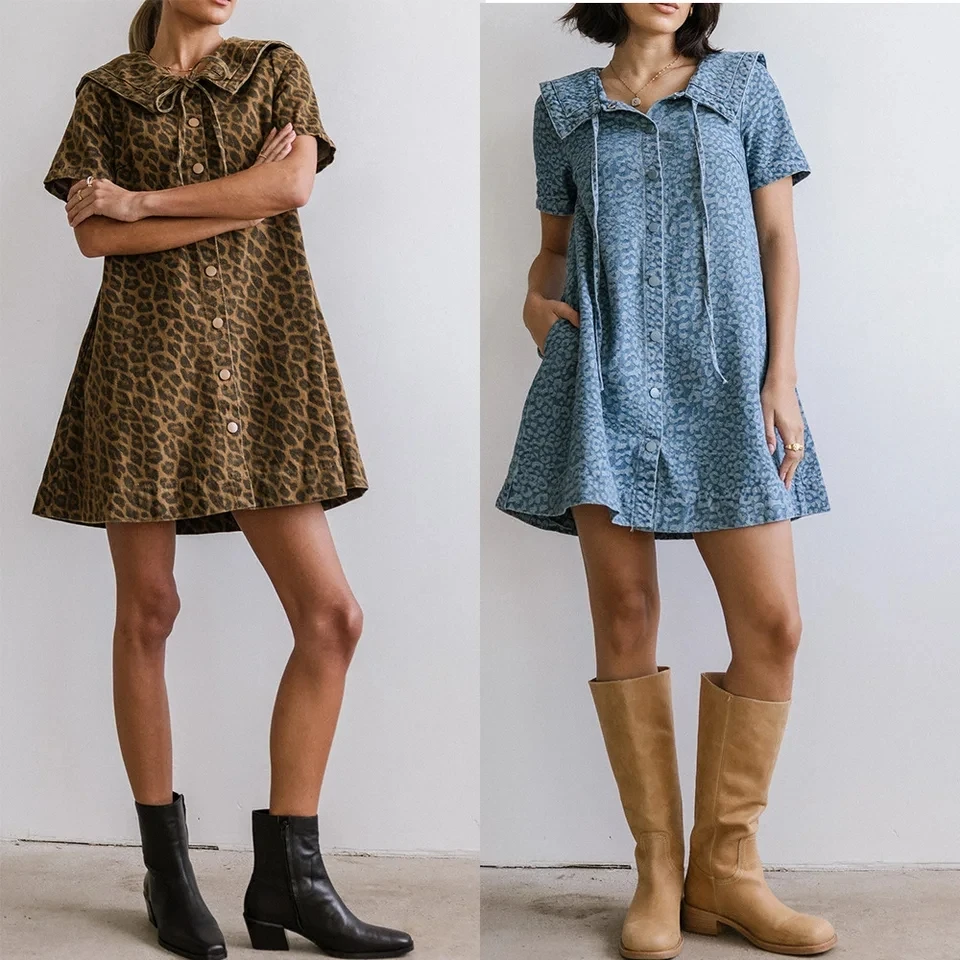 

2026 New Fashion Leisure Leopard Print Short Sleeve Denim Dress Women Slimming Blue Dark Brown Optional