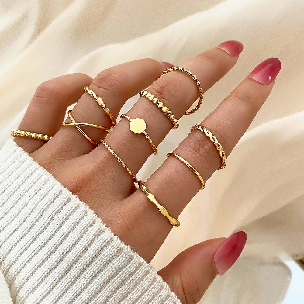 IPARAM Vintage Simplicity Irregular Gold Color Metal Rings Trendy Twist Helical Mixed Styles Rings Set Jewelry Gifts