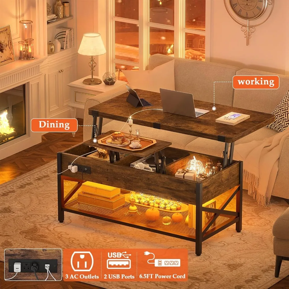 Coffee Table Lift Top with LED Light and Power Outlet, Multi-Function Coffee Table Converts to Dining Table, Center Table with
