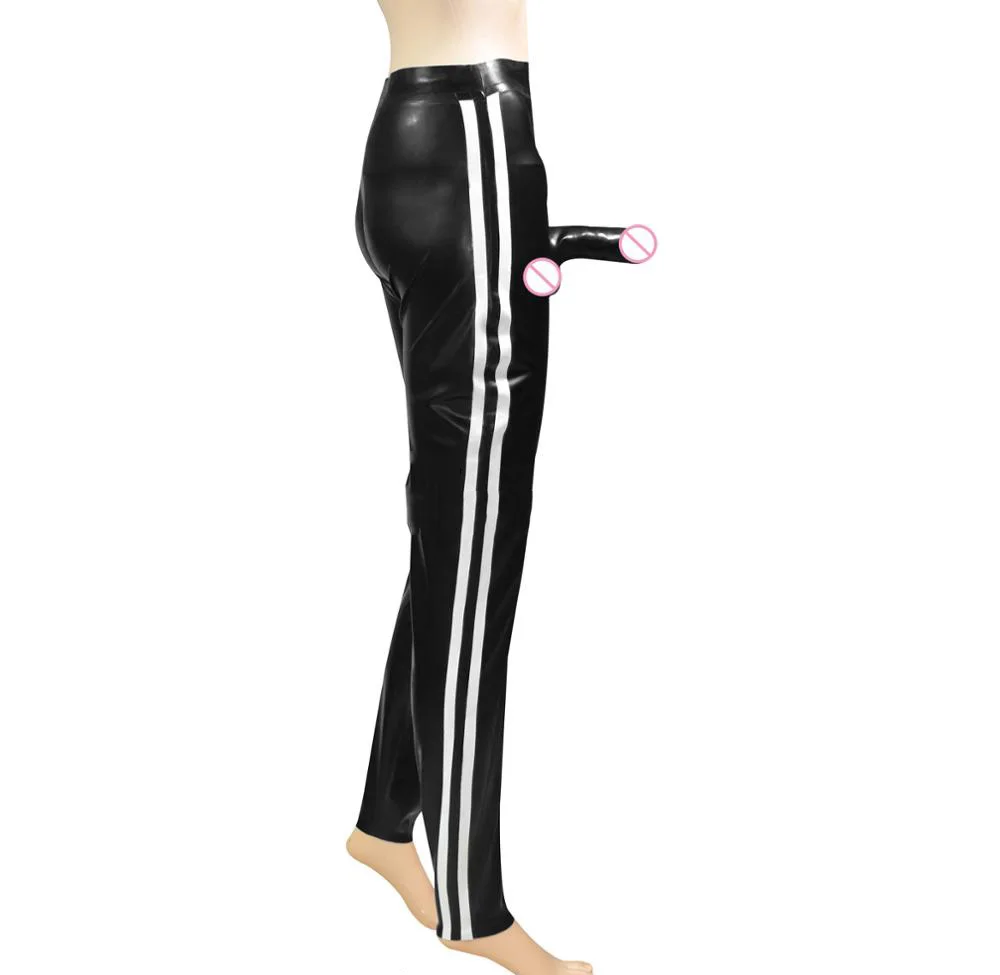 With pe nis shea th design pants men's black latex slim trousers with side white stripes decorations