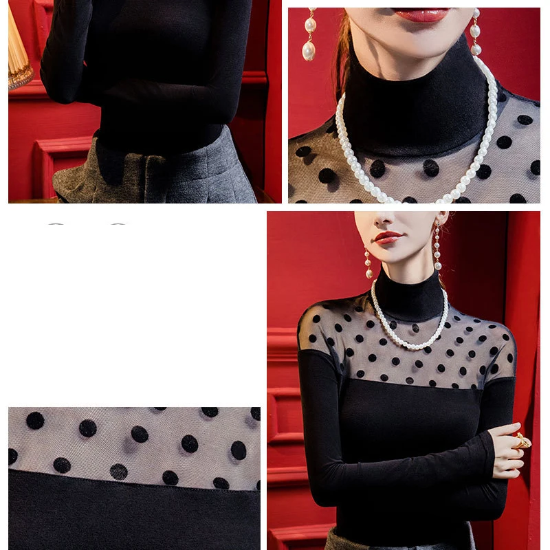 MadBlack-여성용 플로킹 티셔츠, 섹시한 터틀넥 도트 패치워크 상의, 스트리트웨어 긴팔 슬림 티, 가을 겨울 T4N942CC