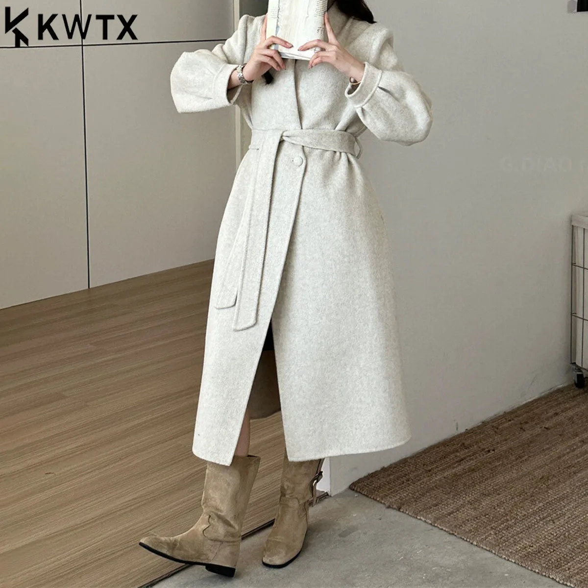 

KWTX 2025 женское однотонное длинное пальто из 100% шерсти с v-образным вырезом и поясом на одной пуговице, повседневное элегантное винтажное дизайнерское теплое осенне-зимнее новое пальто