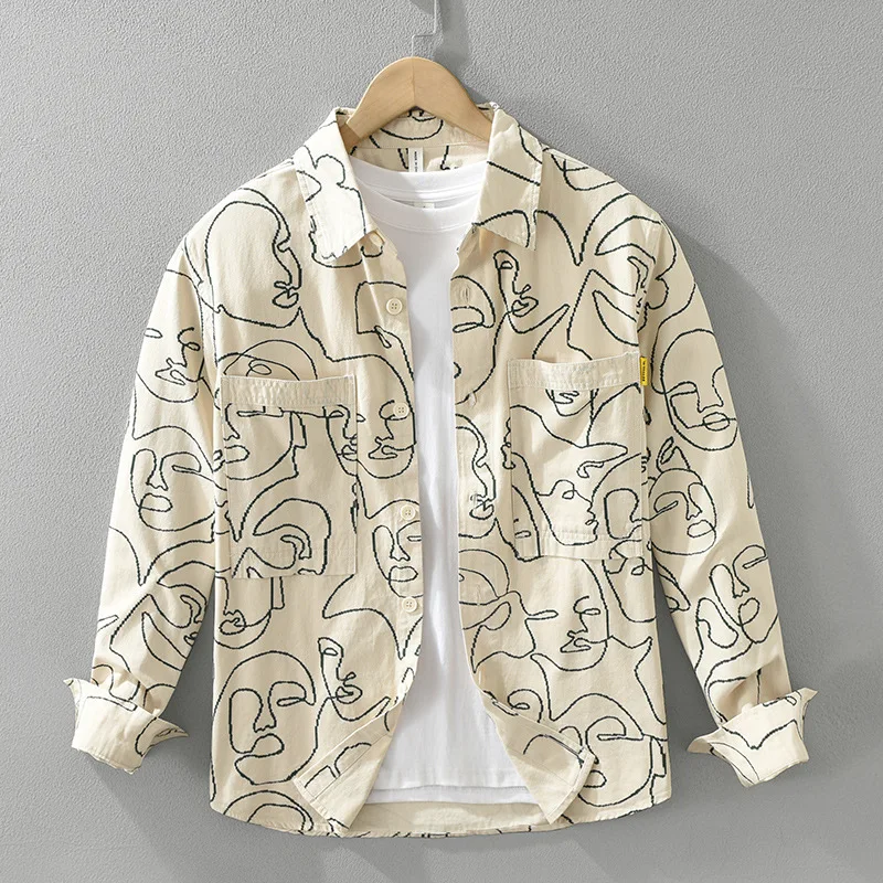 

Men's Long Sve Cotton irt Printed Casual Loose Fit Autumn Spring Faionable Portrait Line Design Soft Glossy Youthful