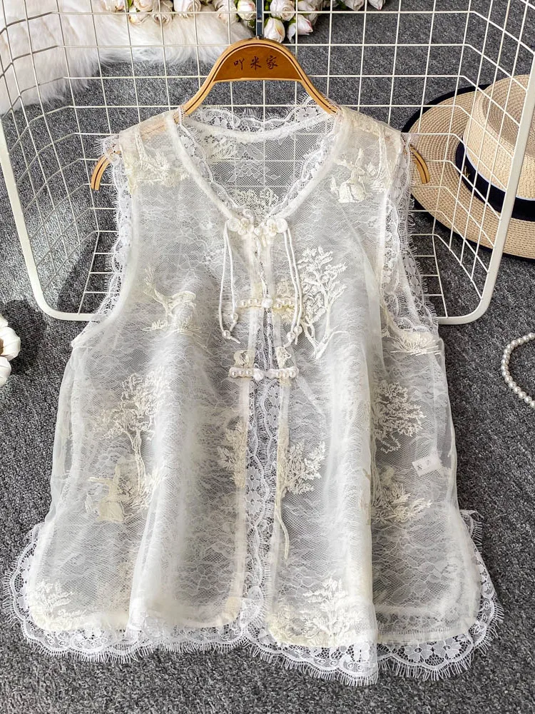 

Ele Lace Embroidered V-Ne Svel Vest Women's Slimming Top New Chinese Sle Button Detail Thin Fabric Summer irt