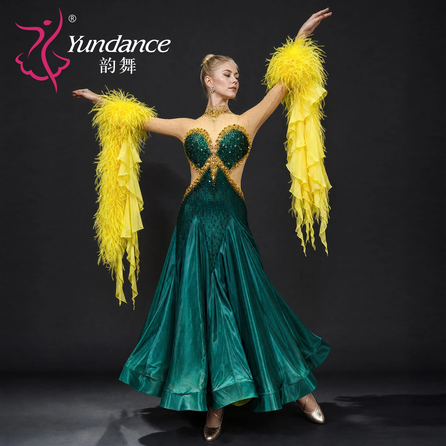 B-26088 Women's Custom Lyrical Ballroom Dance Dress - Green Satin Chiffon Waltz Competition Costume with Yellow Feather Floats