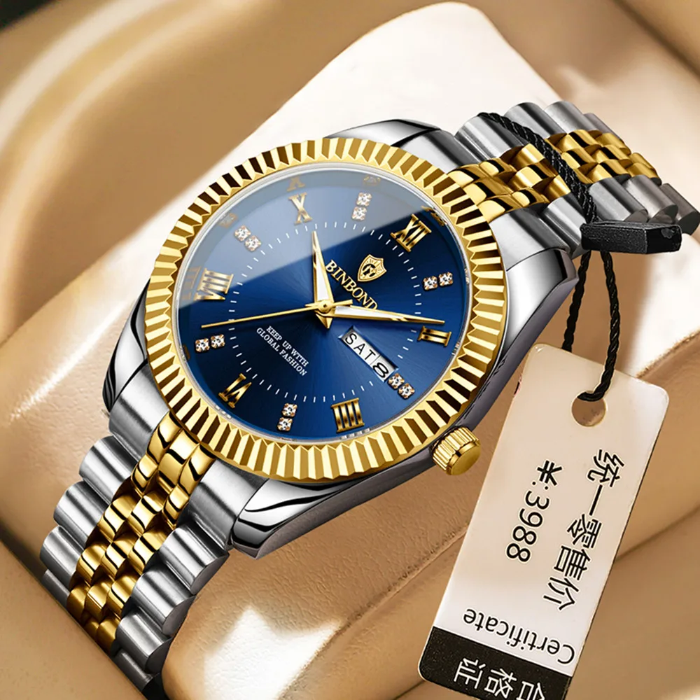 Binbond novo 0756 relógio masculino calendário à prova dwaterproof água elegante e high-end nova versão coreana relógio de quartzo luminoso masculino