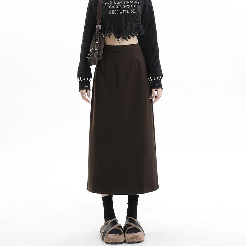 Women Autumn Winter Woolen Midi Skirt High Waist Back Split Plush Lined Straight Slim Fit A Line Hip Skirt