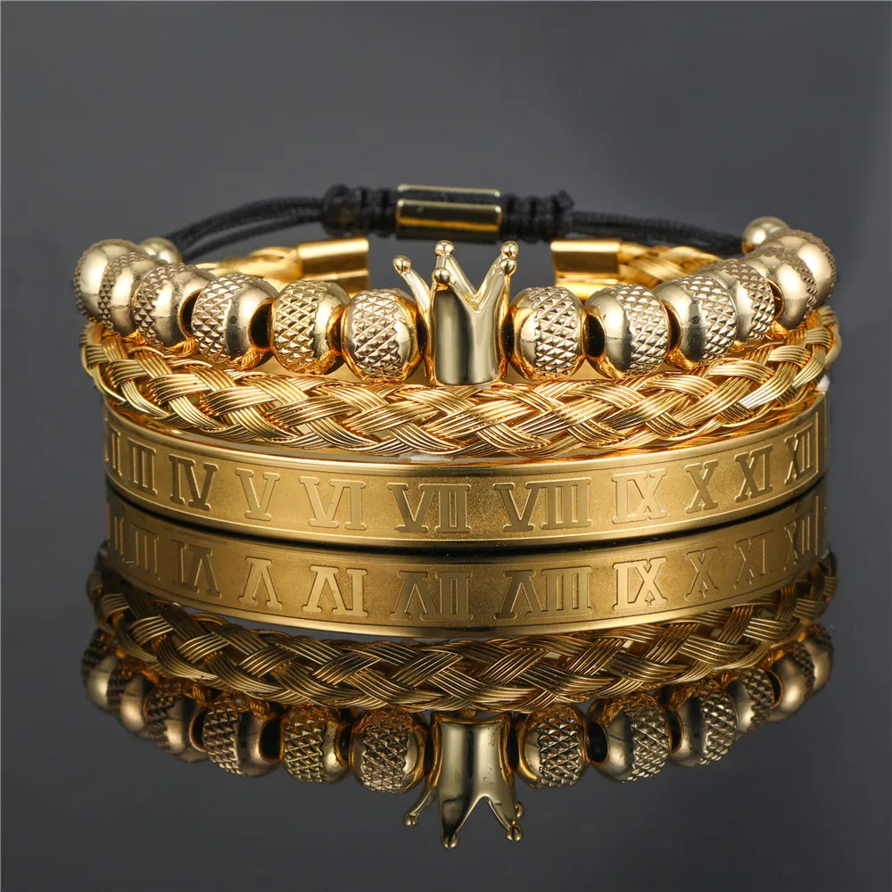 Vintage European Crown Braided Bracelet Set – Stainless Steel Roman Letter Mesh Adjustable Cuff Bracelets for Men (3-Piece)