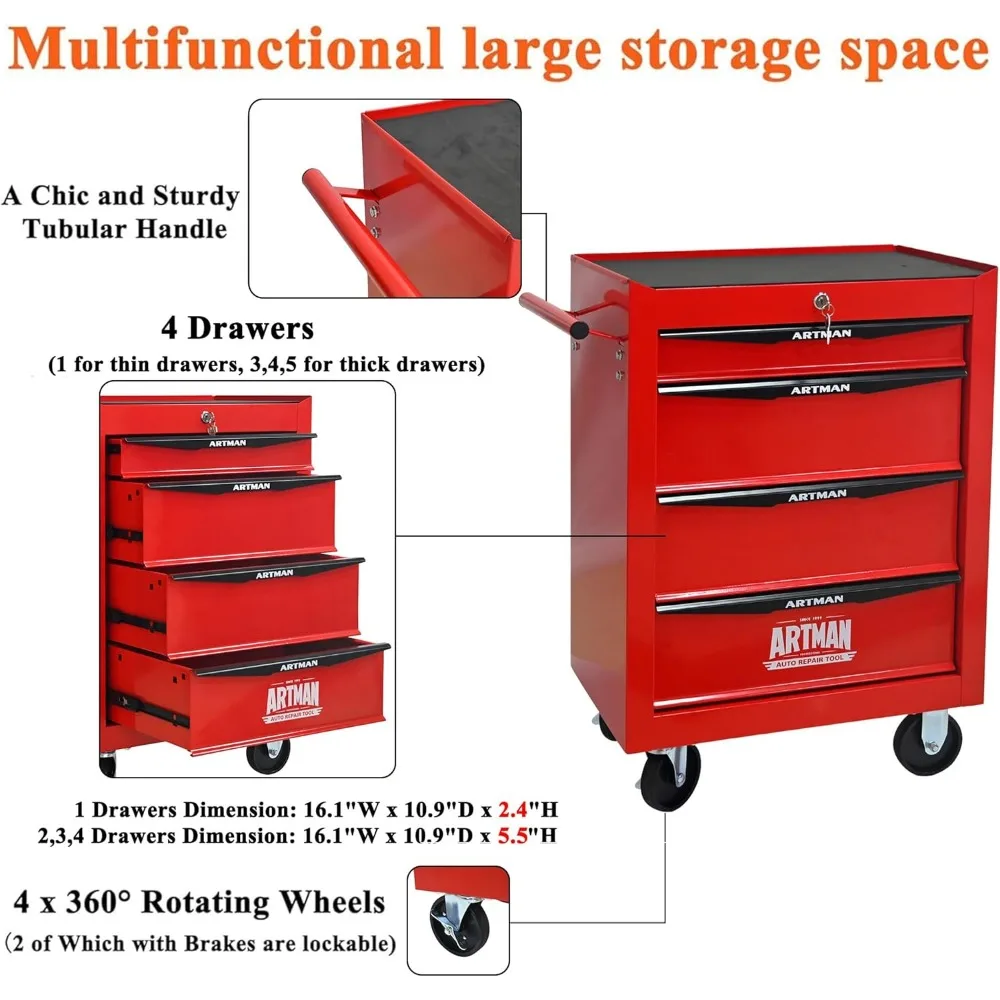 Multifunctional Rolling Tool Chest with 4 Drawers, Heavy-Duty Trolley Organizer for Workshop and Storage Solutions