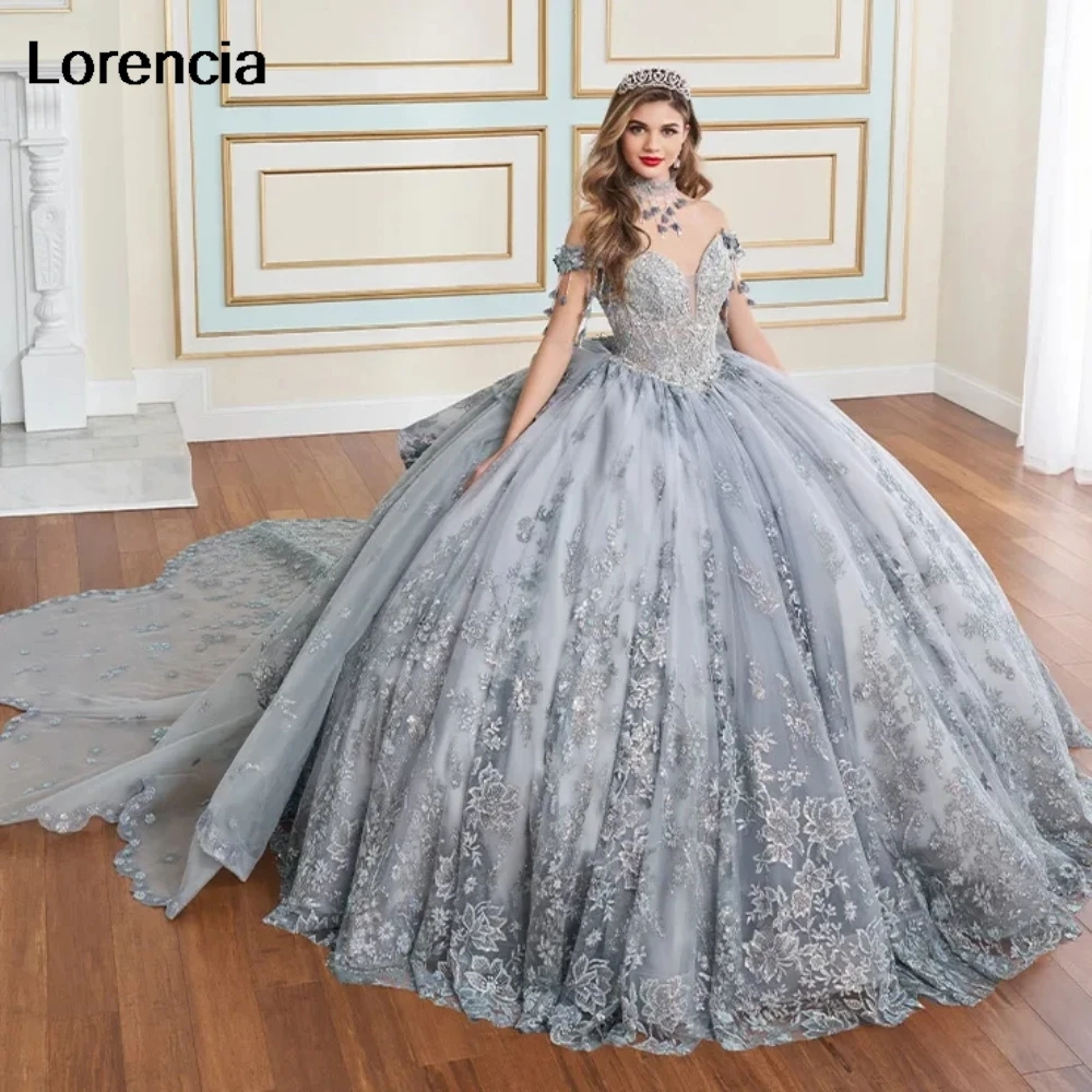 Lorencia-Glitter vestido de baile com apliques brilhantes, vestido de baile frisado, trem em camadas, Sweet 16, 15 anos, YQD982