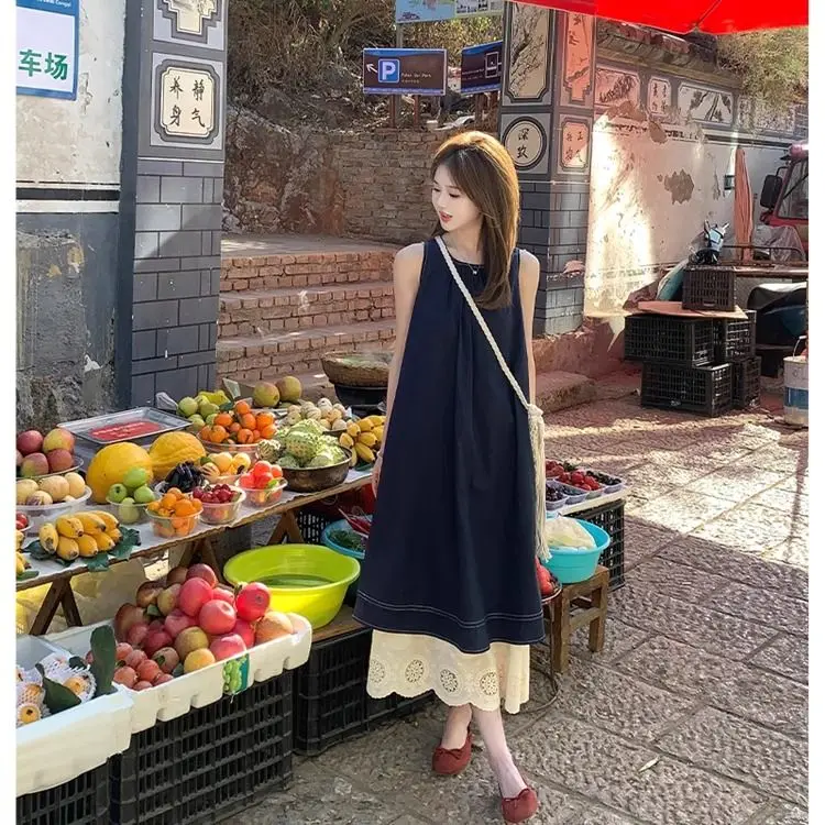 한국 복고풍 가짜 투피스 스플 라이스 여성 여름 느슨한 민소매 대비 색상 오버 니 드레스