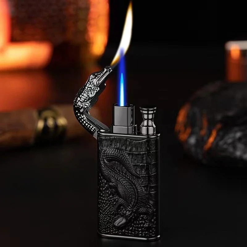 2023 3D Relief Dragon Crocodile Double Fire Lighter Metal Windproof Jet Fire Open Fire Conversion Gas Lighter Smoking Men\'s Gift