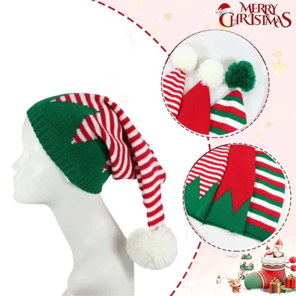 Leisure Santa Claus Christmas Knitted Hat Merry Christmas Hat Green Red Santa Beanie Hat Warm Crochet Striped Hat Outdoor