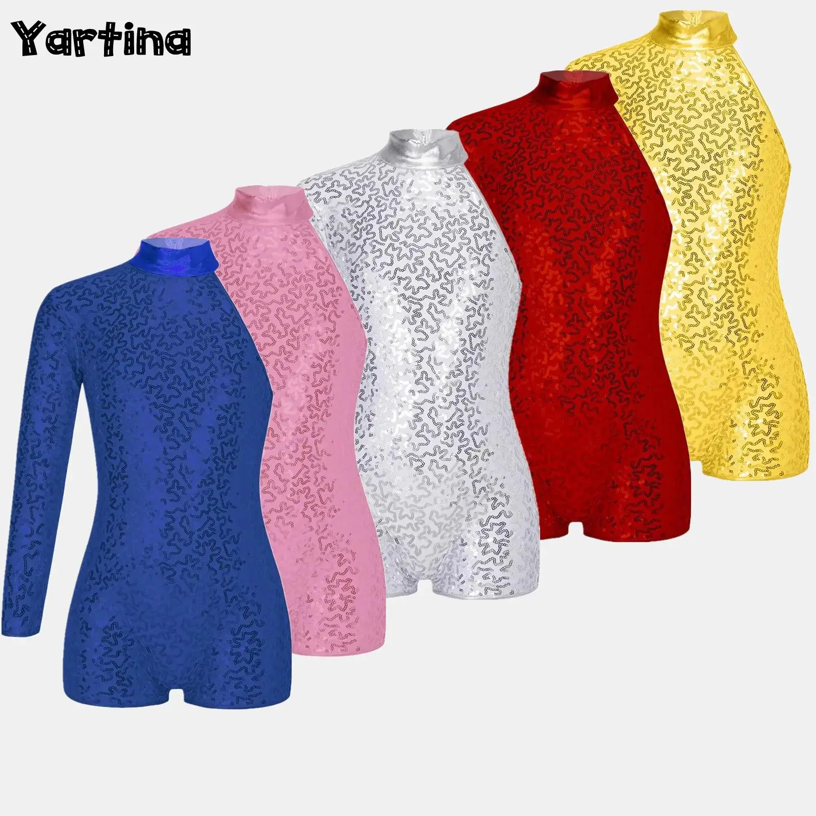 

Kids Girls Gymnastic Ballet Jersey Dance Costume Shiny Sequins Invisible Zipper Closure Back Jazz Modern Dance Leotards Jumpsuit