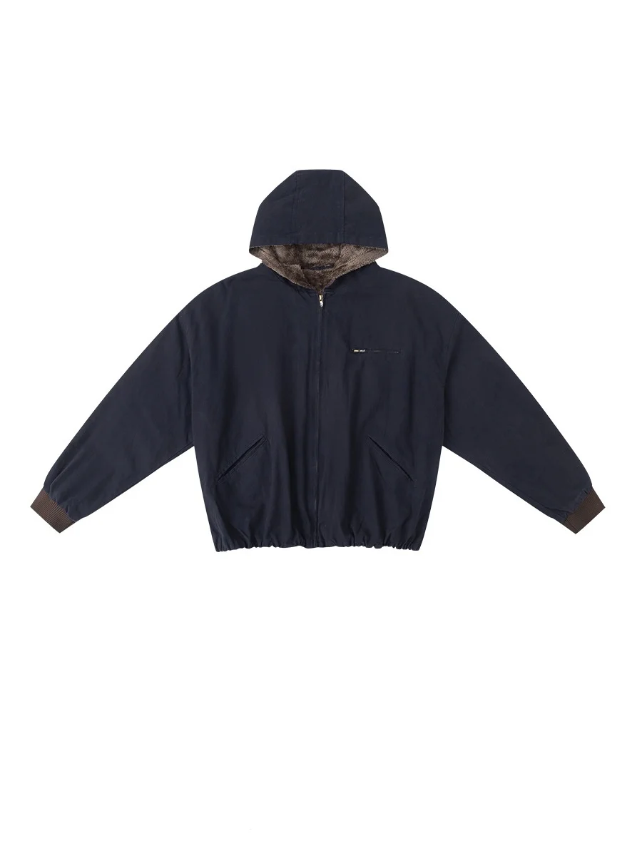 

American Retro Winter Loose Hooded Fashion Brand Solid Color Padded Coat Thicken Zipper Casual Jackets For Man