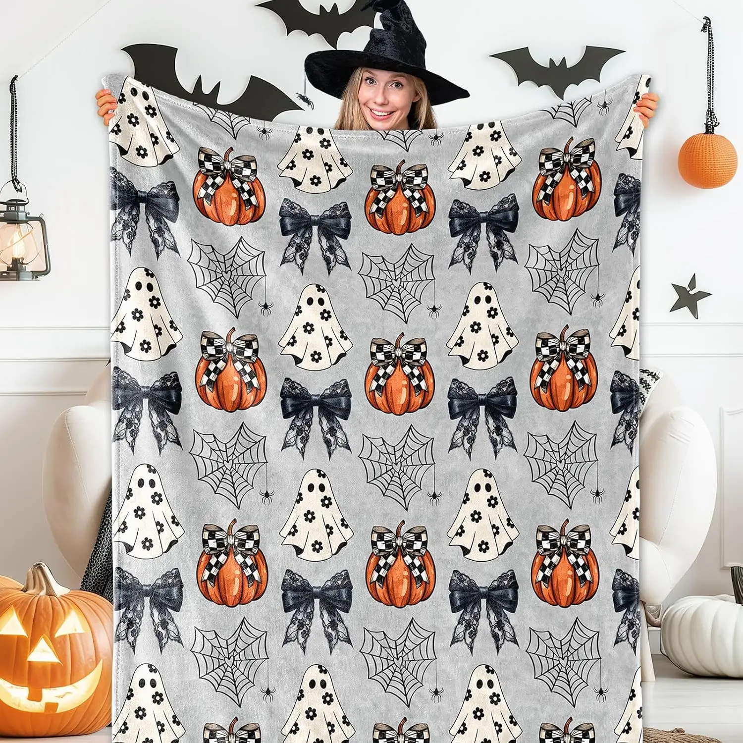 JarThenaAMCS Halloween Flannel Blanket 60 x 50 Inch Ghost Pumpkin Bow Decorative Soft Gray Throw Blanket for Home Chair Sofa Couch Bed
