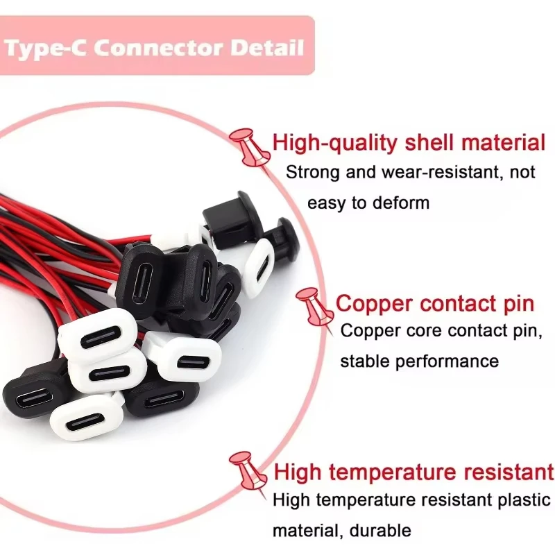 Type C Female Connector Waterproof USB C Female Jack Socket 2 Pin 3A Charging Port Power Cable Extension Direct Crimp Mount