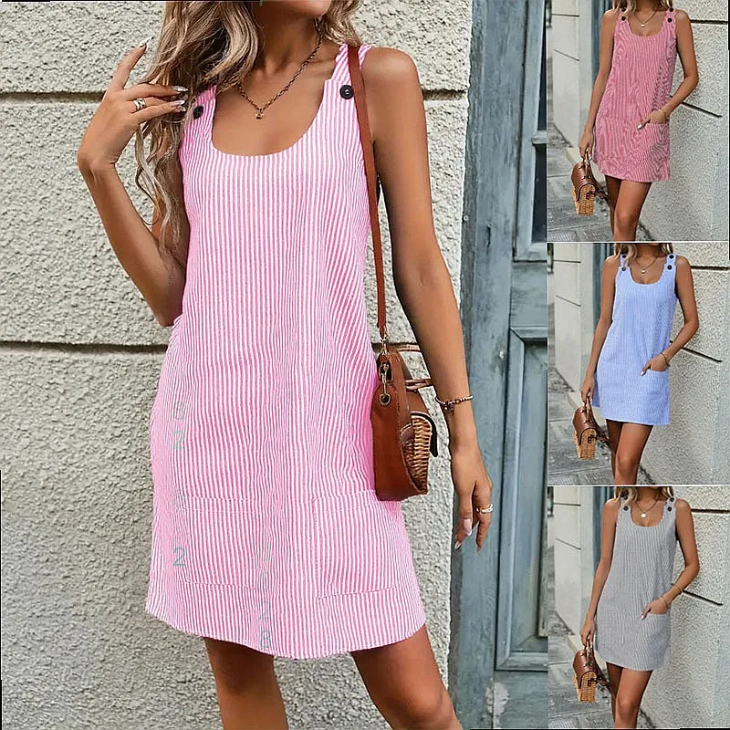 

Striped Summer Dress Button Suspenders Pocket Casual Dresses Jumpsuit Playsuit Spring Summer