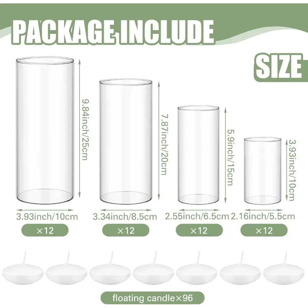 48 pieces of 4-size transparent glass cylinder vases, center piece for party decoration (4/6/8/10 inches high),