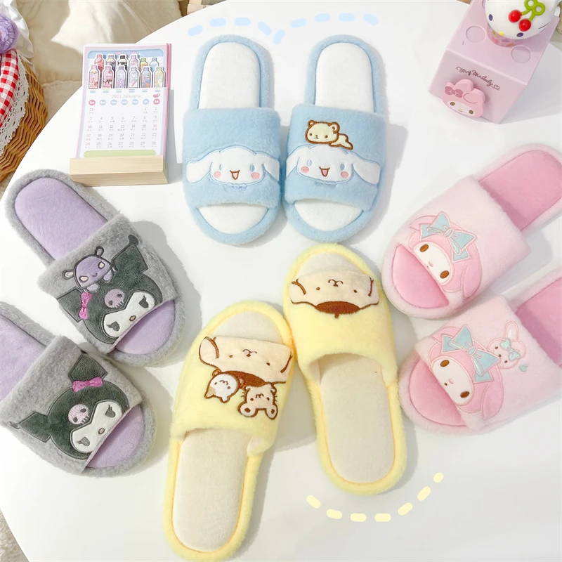 Kuromi My Melody Kawaii Girly Slipper Japanese Anime Cute Plush Warm Shoes Home Indoor Girl Ladies Casual Open Toe Flat Non-slip