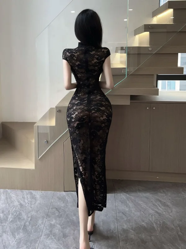 Nieuwe Zomer Chinese Elegante Doorzichtige Transparante Lange Jurk Cheongsam Uitgehold Jurk Nachtclub Stijl Split Lange Jurk 6d7d