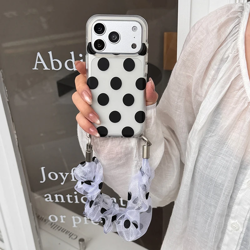 Coque de téléphone coréenne à pois mignonne pour iPhone 17 Pro 16 15 Pro Max avec chaîne écharpe, étui antichoc 17 Pro Max Kawaii Funda