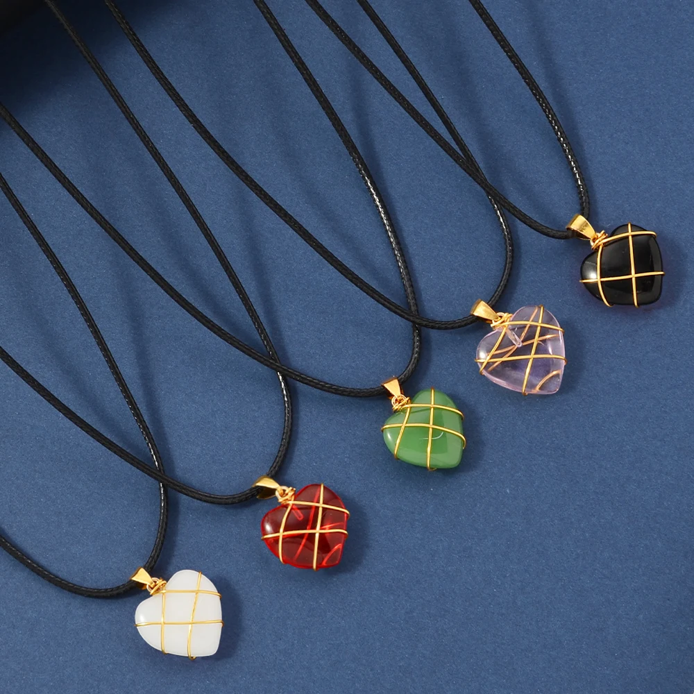 5pcs Natural Stone Necklace Healing Heart Pendant Set