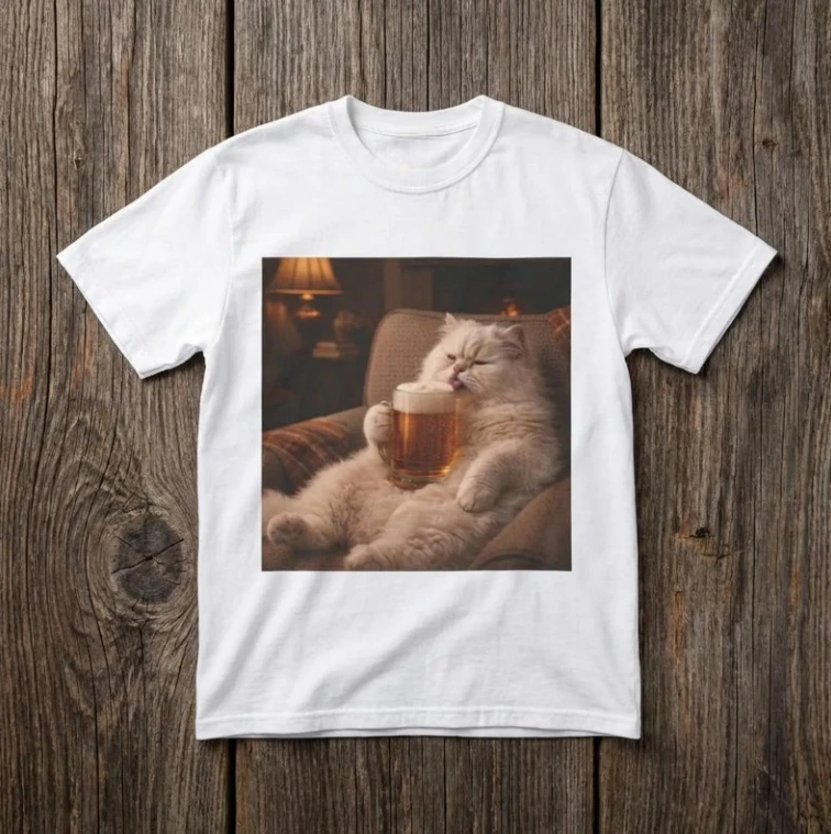 Funny Cat Drinking Beer Couch Short Sleeves T-Shirt Cool Aesthetic Humor Relax Casual Streetwear Graphic Tee Top  Y2k Gothic