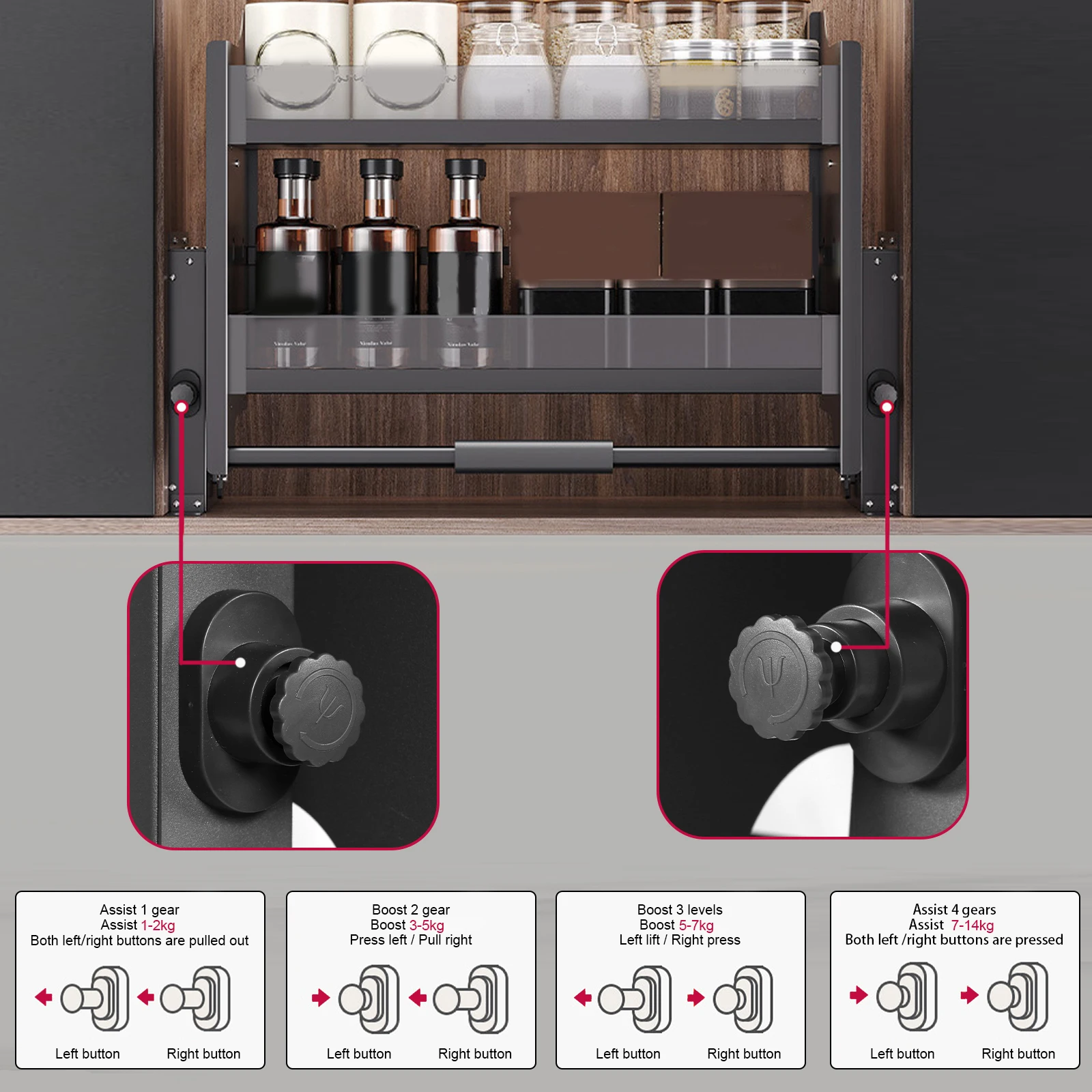 

2 Tier Shelf Spice Rack W/Pneumatic Damper System Stainless Steel Adjustable Shelf Non-Slip Handle for Spices Dishes and Bottles