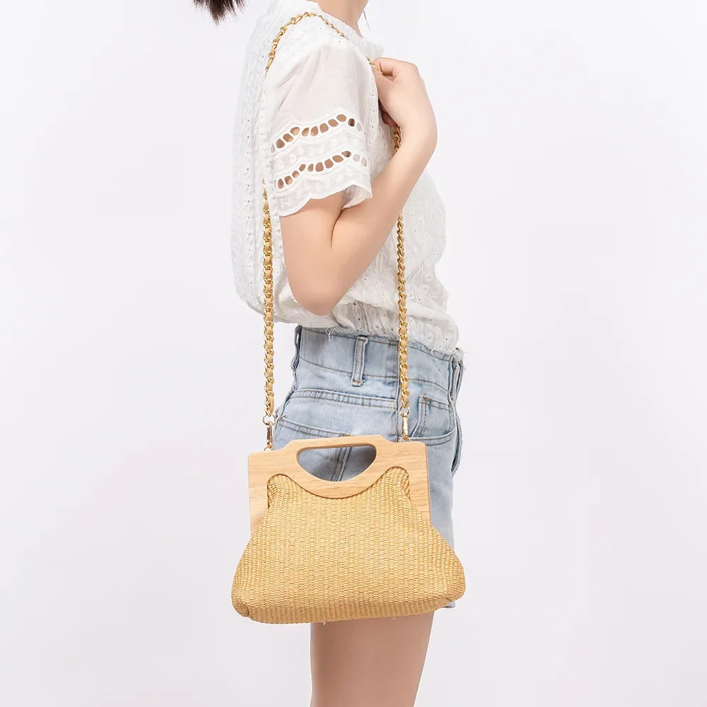 

Wooden Handle Woven Grass Bag for Women Beach Vacation