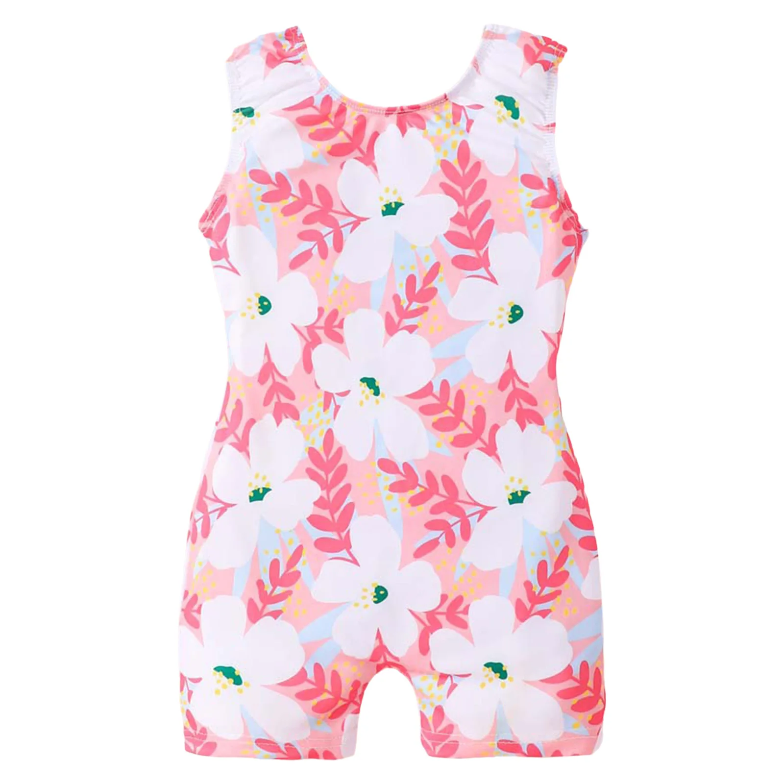 Kids Girls Stylish Printed Jumpsuit One-piece Swimsuit Sleeveless Thigh Length Bodysuit Swimwear for Swimming Surfing Snorkeling