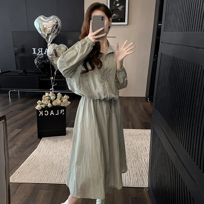 

Vintage Commuter Summer Women Long Sleeve Sun Protection Top Two Piece Set Versatile Casual All-match Skirt Fashion Outfits