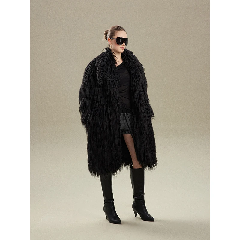 เสื้อโค้ทหนังยาว Handl Inc คอปกขนสัตว์เทียมรักษ์โลก แจ็คเก็ตผู้หญิงทรงหลวม สไตล์สตรีท สำหรับฤดูหนาว