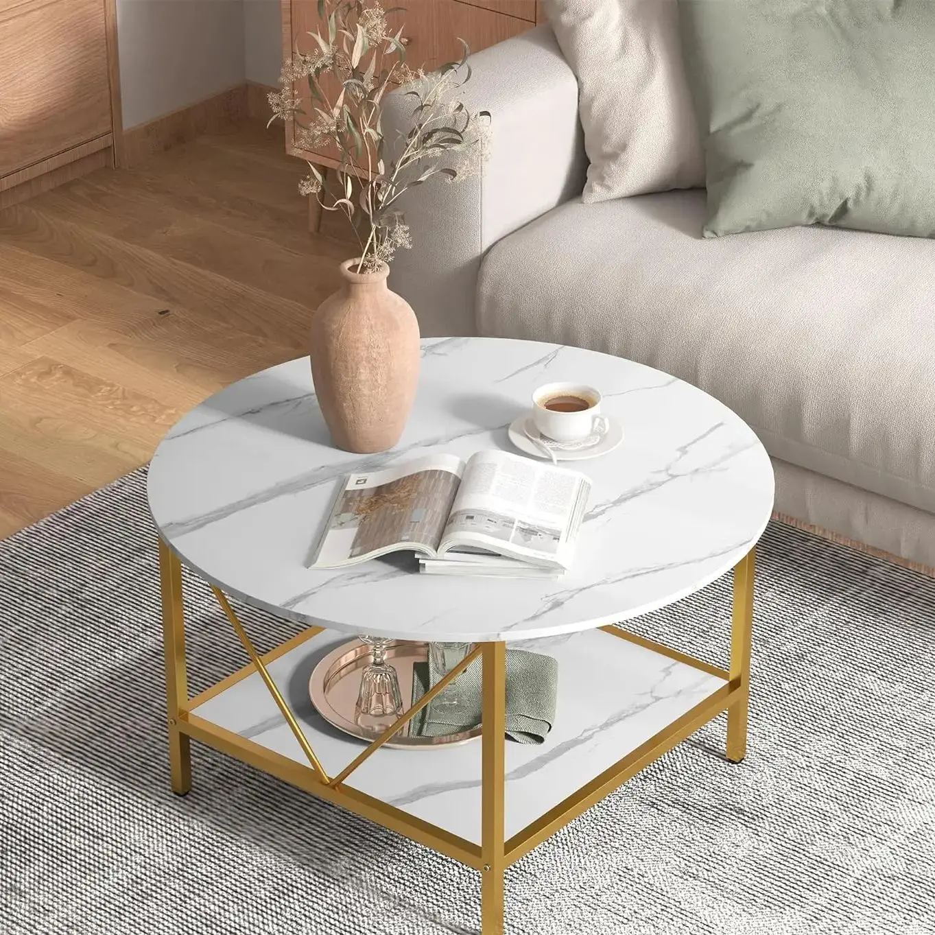 Round Coffee Table with Storage, Small Medium Table, 2 Tier, Modern Living Room, Faux Marble Tabletop, Decorative Cabinet