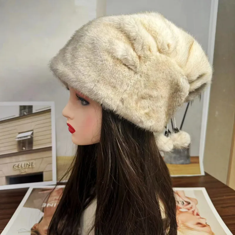 Gorro de piel sintética de visón para mujer, gorro de piel grueso y cálido con protección para los oídos, gorro de bombardero ruso, gorro de cubo de piel sintética esponjoso para invierno