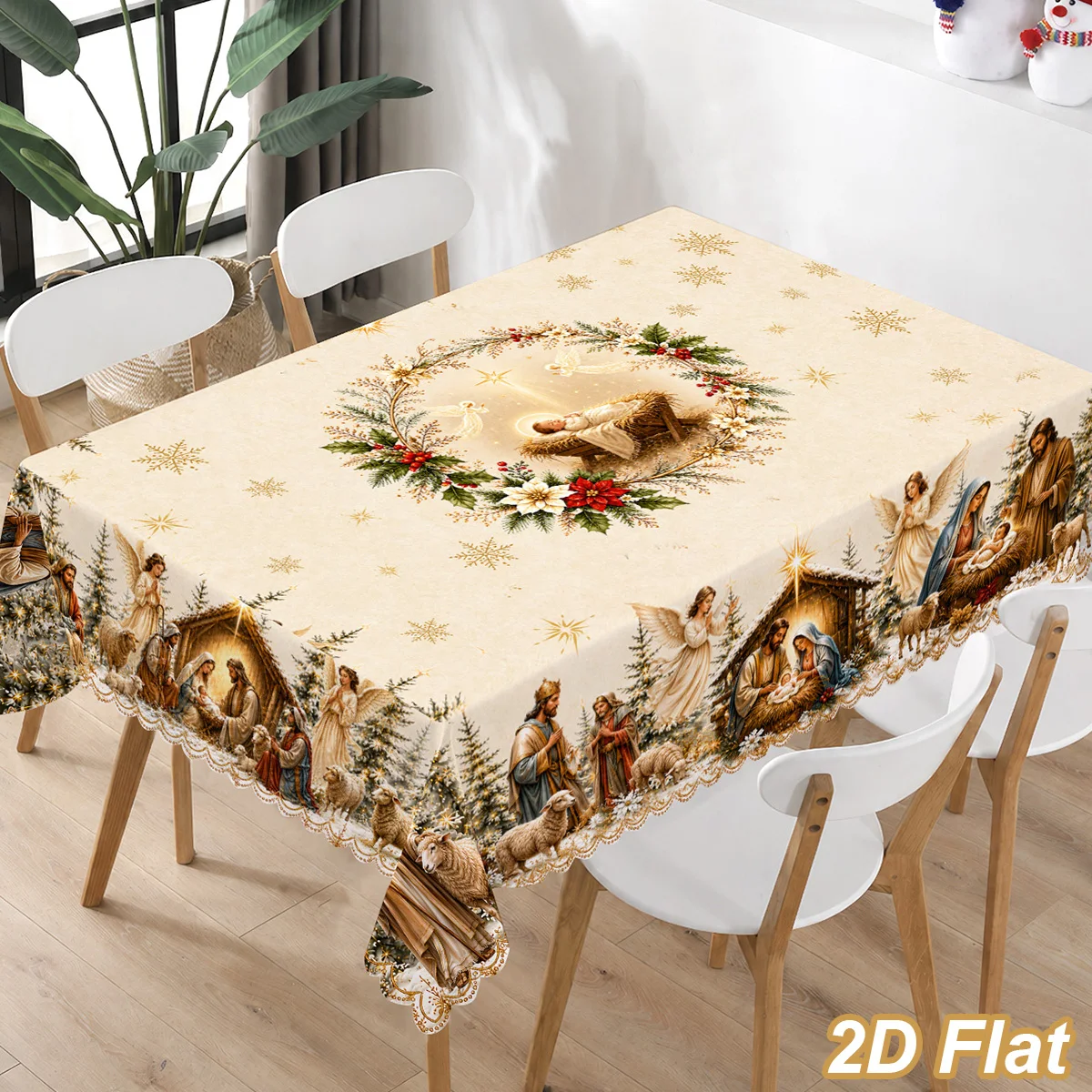 Christmas Tablecloth Merry Christmas Decor for Home 2026 The Birth of Jesus Table Cover Navidad Natal New Year Party Supplies