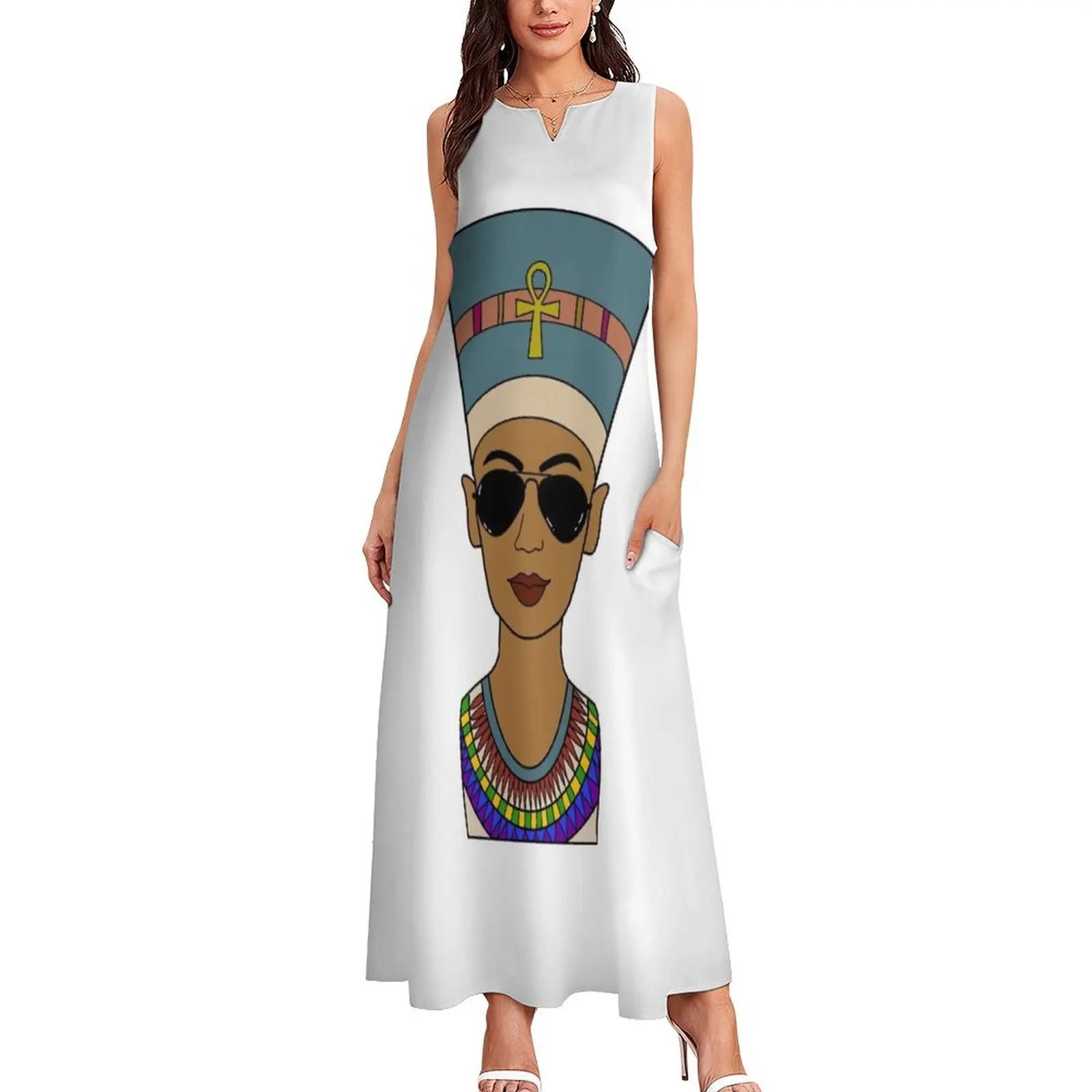 Nefertiti Egyptian Queen Goddess wearing aviator sunglasses Long Dress long dress women summer Evening dresses