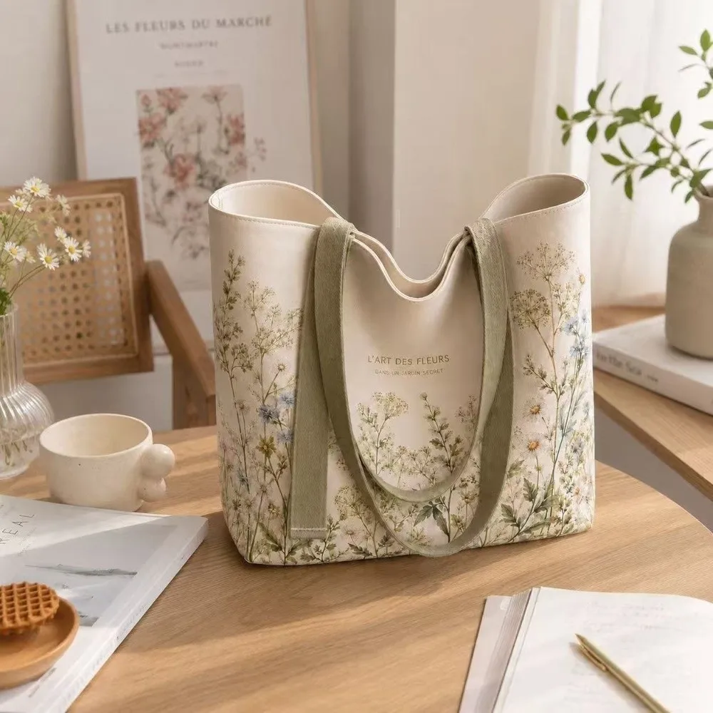 New Cotton Canvas Canvas Tote Bag Green Daisy Print Durable Shoulder Handbag Lightweight Travel Bag Shopping Trips