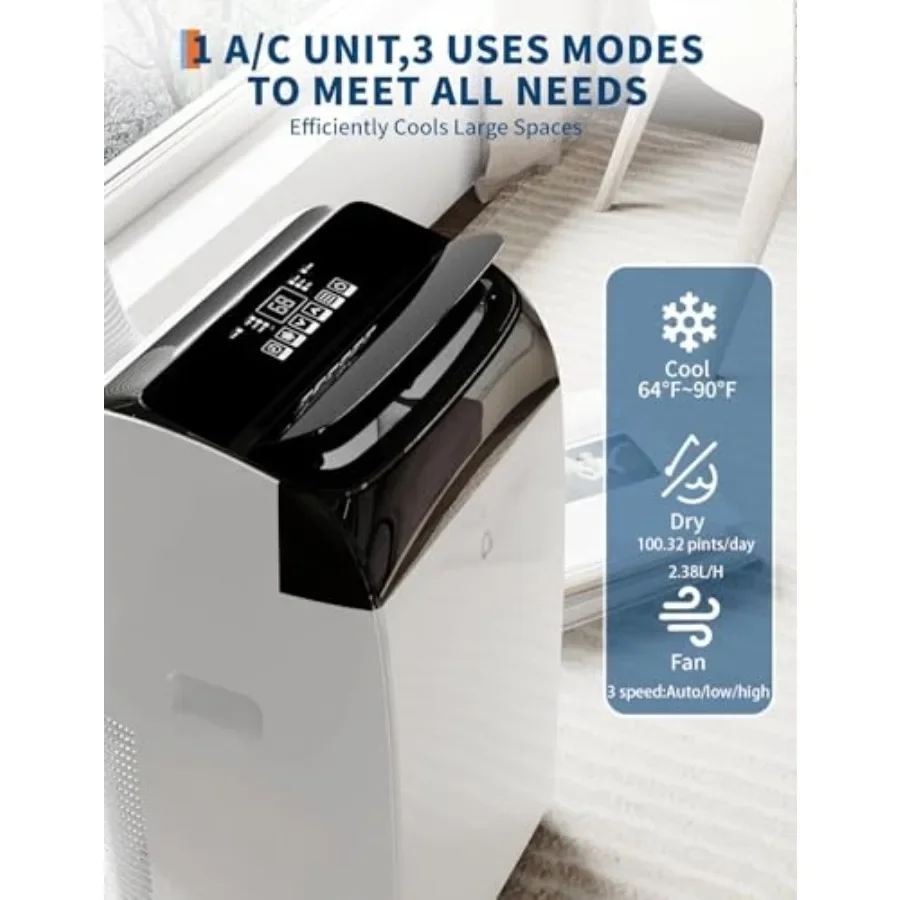 3-in-1 portable air conditioner for rooms up to 750 sq.ft, white plastic unit with cooling, dehumidifying and fan functions, re