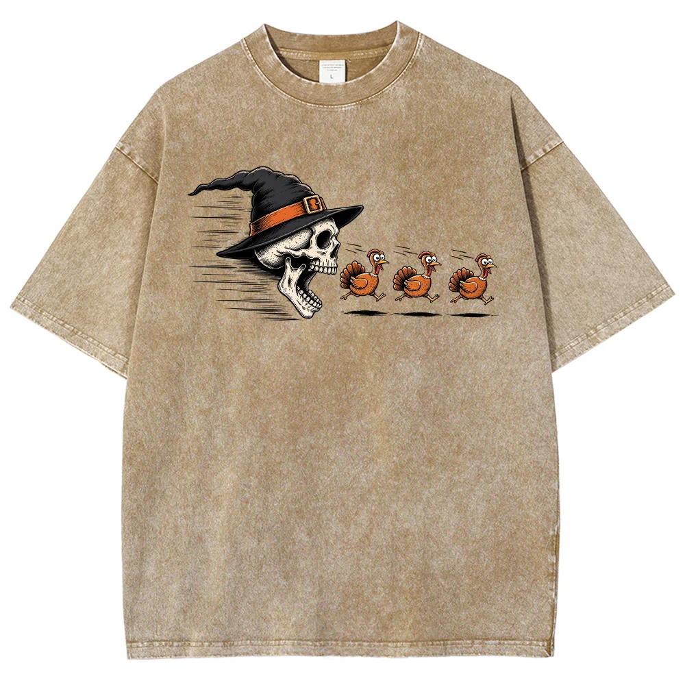 Washed Oversized T Shirt Witch Skull & Running Turkeys Graphic Tee Funny Halloween Thanksgiving Unisex Retro Short Sleeve Tops