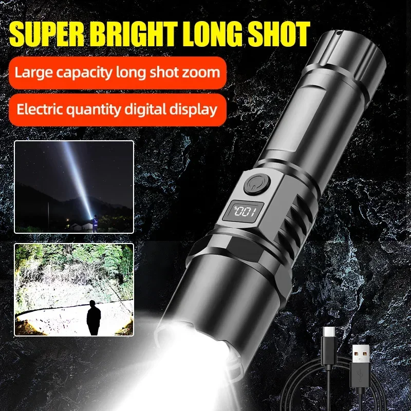 Powerful LED Flashlight Power Display USB Rechargeable Telescopic Zoom Hand Light  for Outdoor Camping Torch