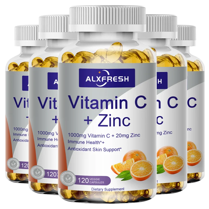 Alxfresh-Vitamina C 1000mg com Zinco, 20mg, Antioxidante, Pele, Cérebro, Suporte de Saúde, Suporte do Sistema Imunológico, Vitaminas, Suplemento Vegano