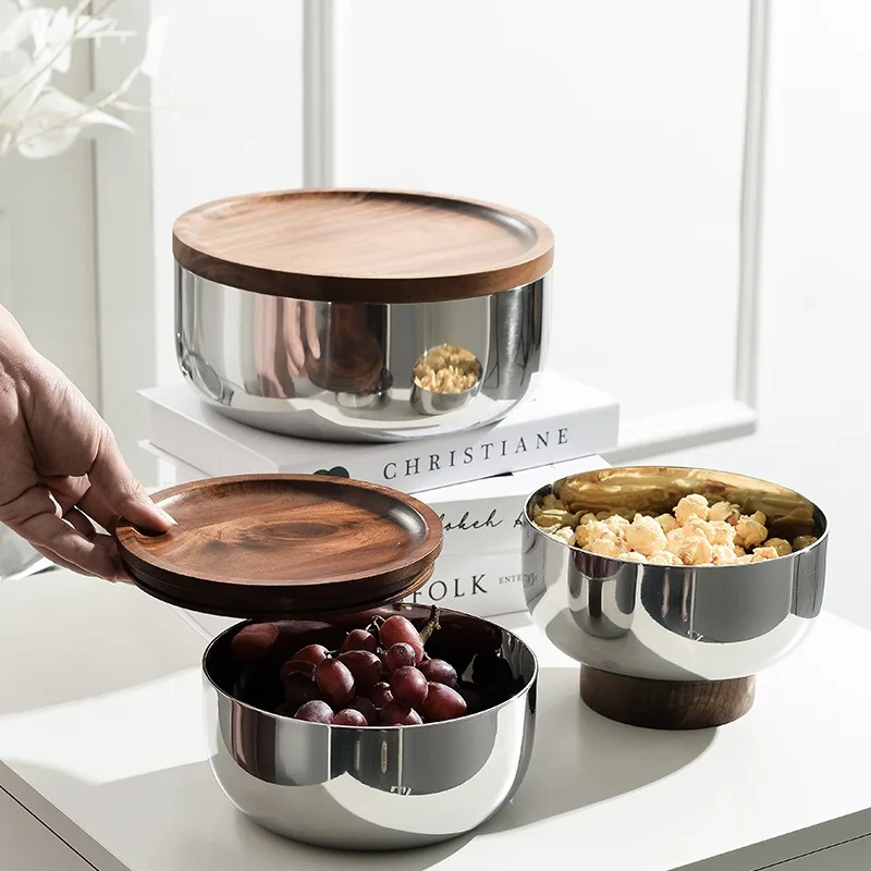 Acacia wood fruit plate three-layer stainless steel bowl household high nut snack coffee table storage ornament