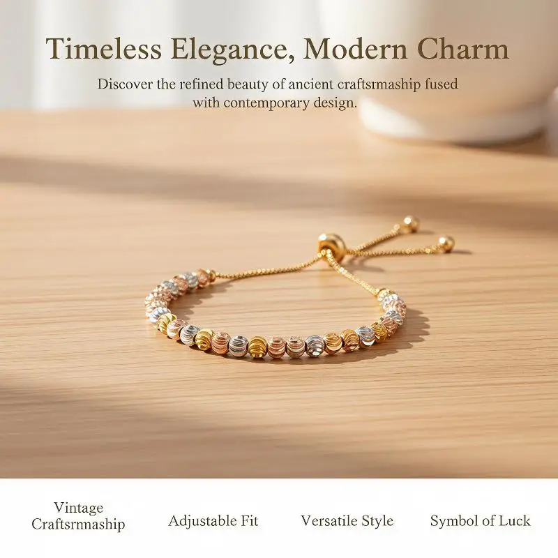 Verstellbares Perlenarmband, vergoldet, anlaufgeschützt, für Damen, für den täglichen Gebrauch und als Geschenk. – Detail 3