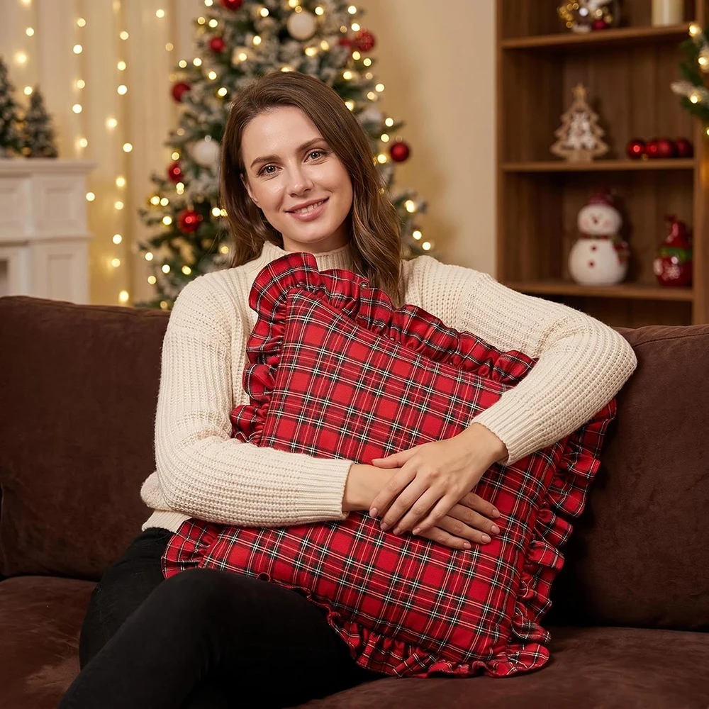 Dekorative Karierte Rüschen-Kissenbezüge, Schachbrettmuster Sofakissen-Überzüge, Wohnzimmer-Kissenhüllen, Weihnachtsdekoration – Detail 2