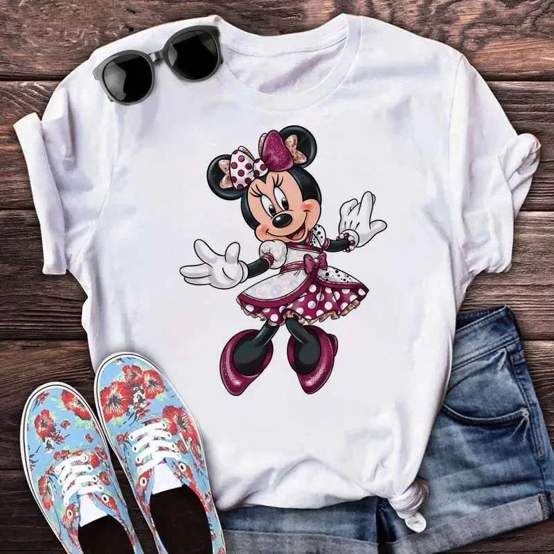 Kawaii Minnie Mickey Mouse Print T-shirt Women Streetwear Short Sleeves T-shirt Female Fashion Harajuku Summer Y2k Clothing Tops