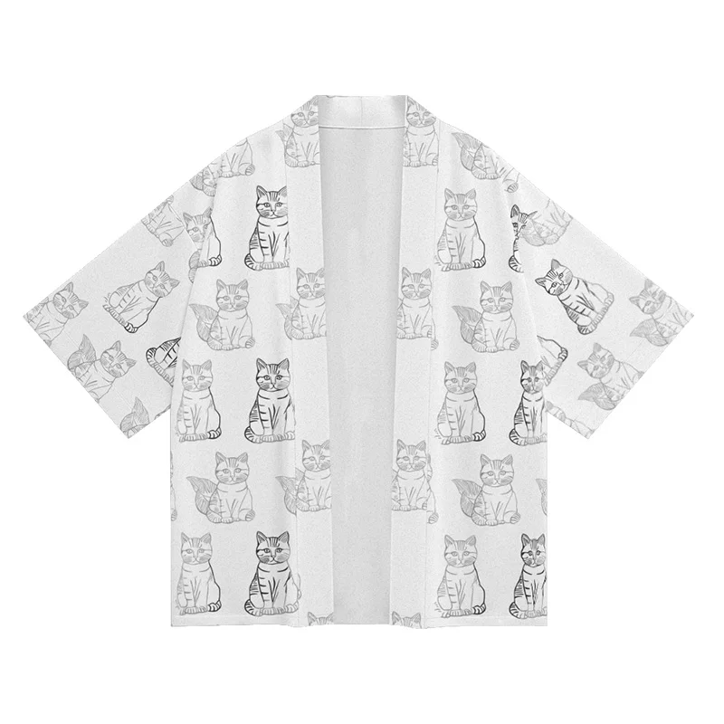 Koszule meskie Kimono taoistyczna szlafrok luźna nowa letnia Hwaori Kimono słodki kociak niszowa koszulka Vintage Trend Top