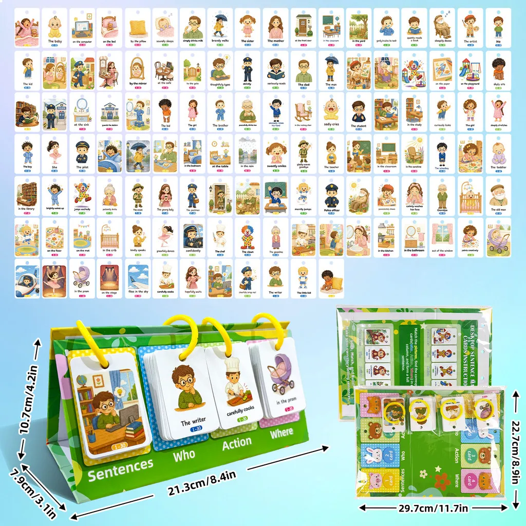 120 Pcs English Sentence Writing Flashcards for Kids Interactive Teaching Resource Who Action Where Sentences Structure Cards
